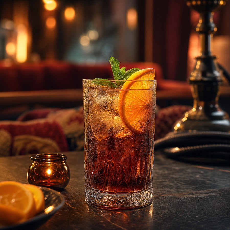 Erfrischender Drink mit Zitrus und Minze in einer Lounge