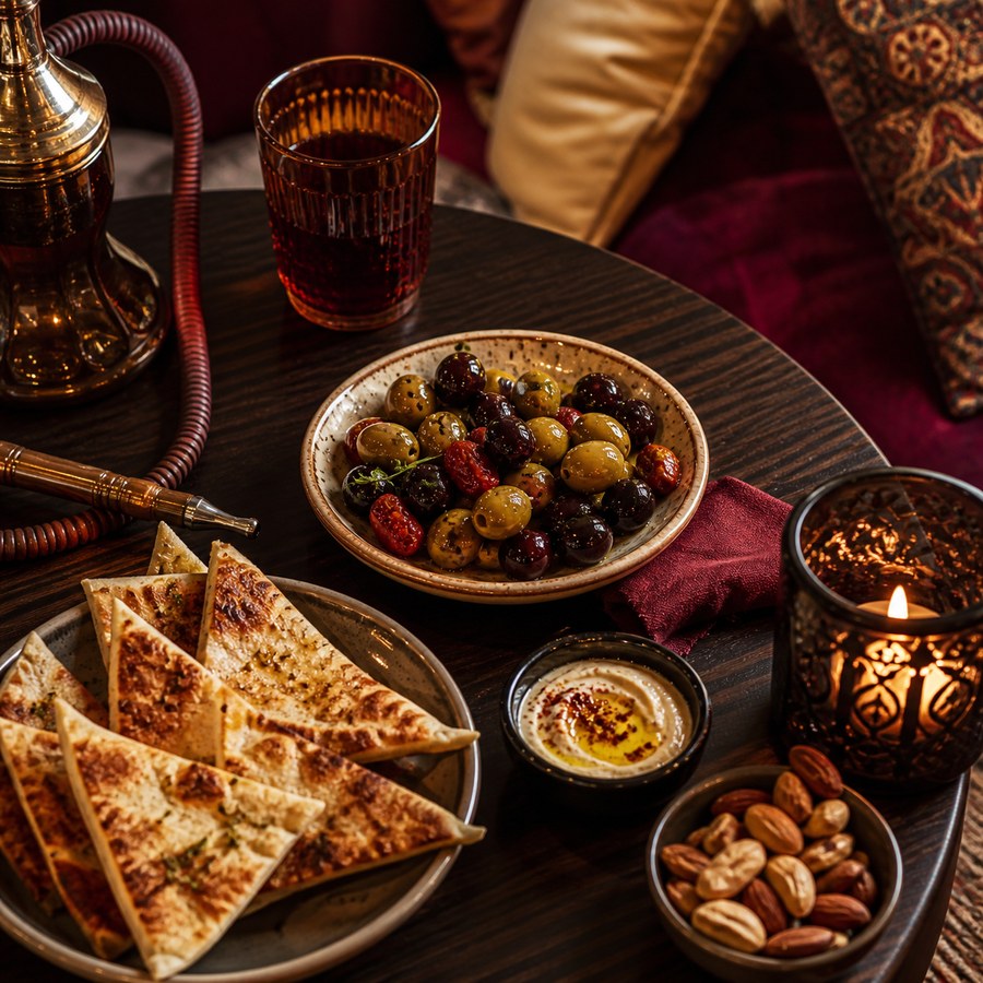 Kleine Snacks zum Teilen auf einem Lounge-Tisch